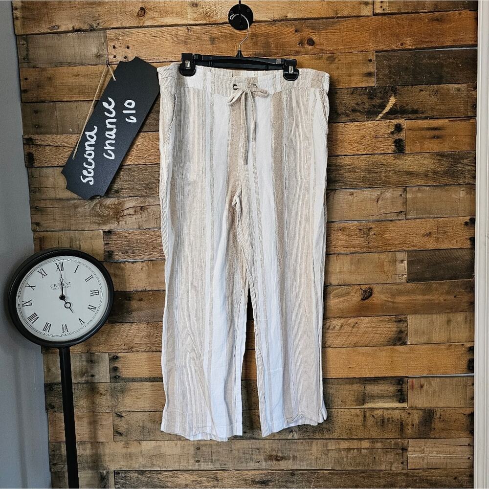 Per Se Women's Linen Off White & Tan Stripped Palazzo Pants Size PXL